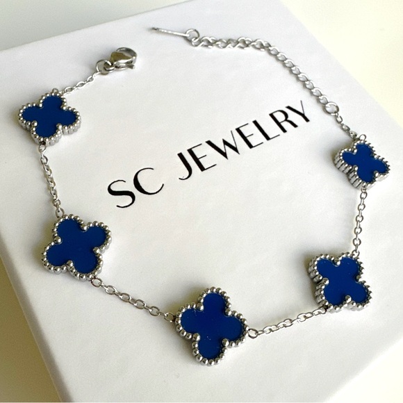 🎄 HOLIDAY PICK 🎄 Clover Bracelet Royal Blue & Silver Double Sided Four Leaf - Picture 3 of 13